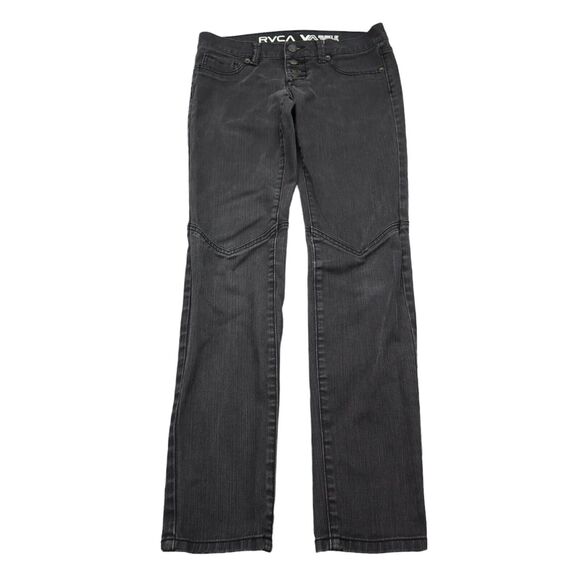 RVCA Pants Womens 27 Black Low Rise Single Row Button Straight Leg Denim Jeans - Picture 1 of 16